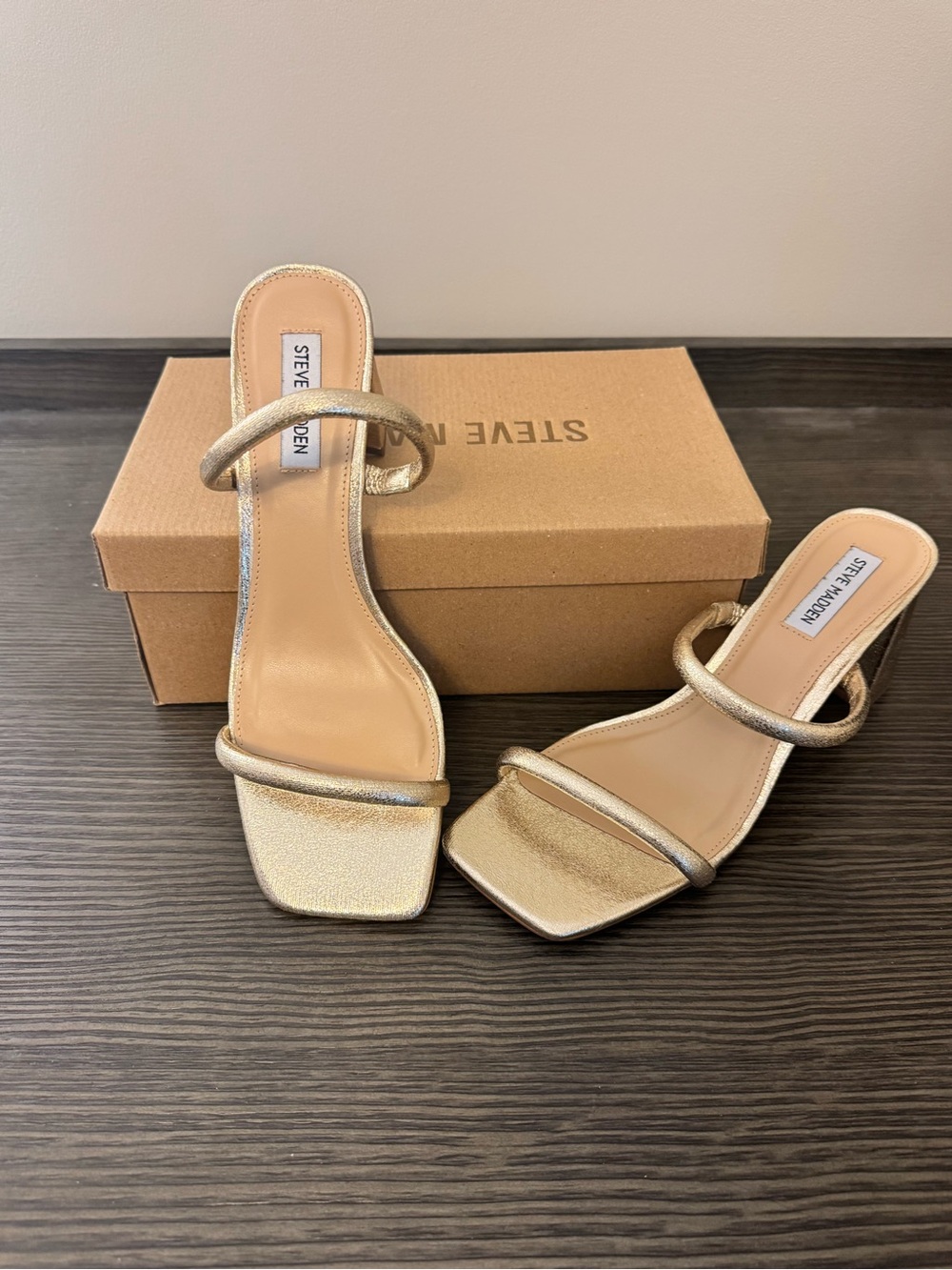 Steve Madden Metallic Gold Double-Strap Heeled Sandals